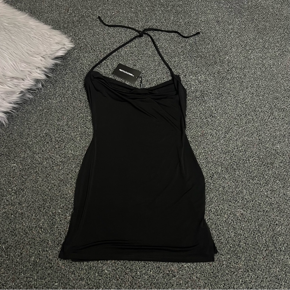 PRETTYLITTLETHING Black Slinky Halter-neck Cowl Neck Bodycon Mini Dress size 8 - Picture 12 of 16